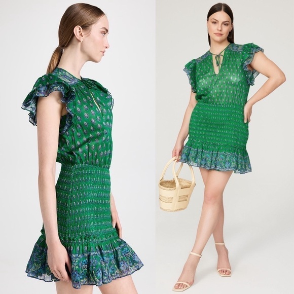 VERONICA BEARD Floral Paisley Smocked Flutter Short Sleeve Ruffled Mini Dress 8 - Picture 2 of 13